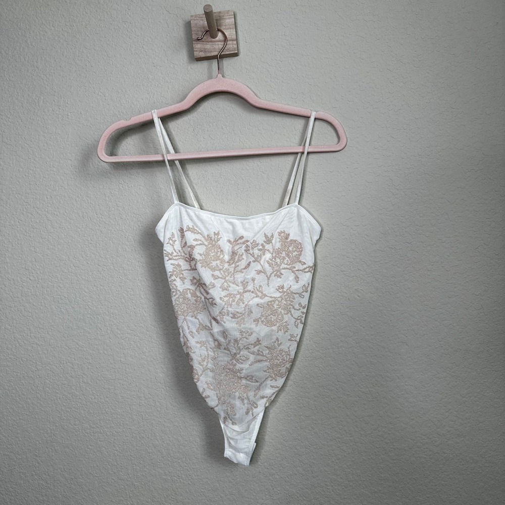 VTG Victorias Secret White Mesh Beaded Floral Embroidered Bodysuit‎ M Coquette